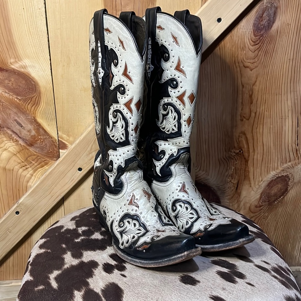 Lucchese black, cream and brown leather boots size 9 with sliver studs